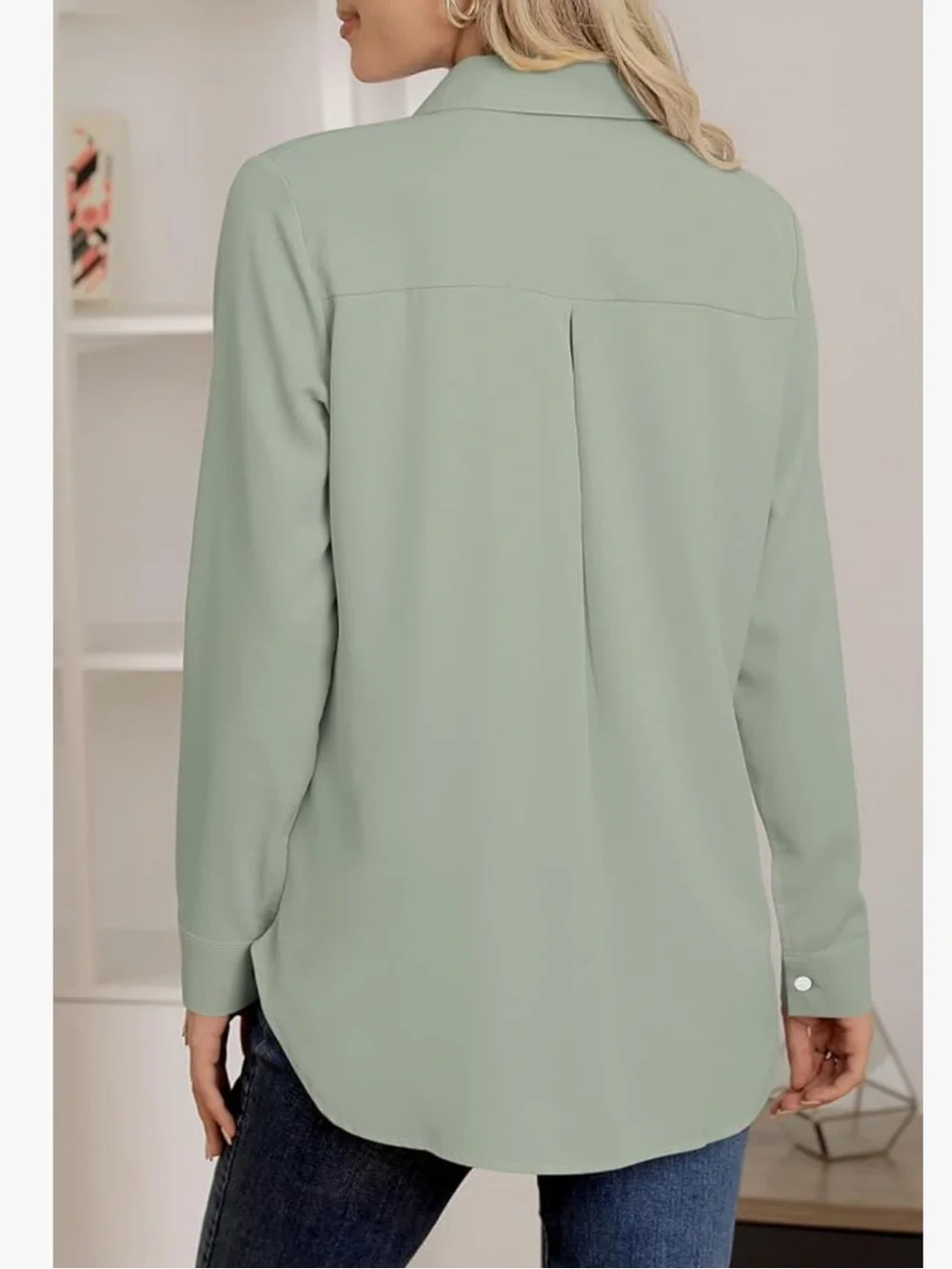 Light Sage Long-Sleeve Button Cuff Blouse
